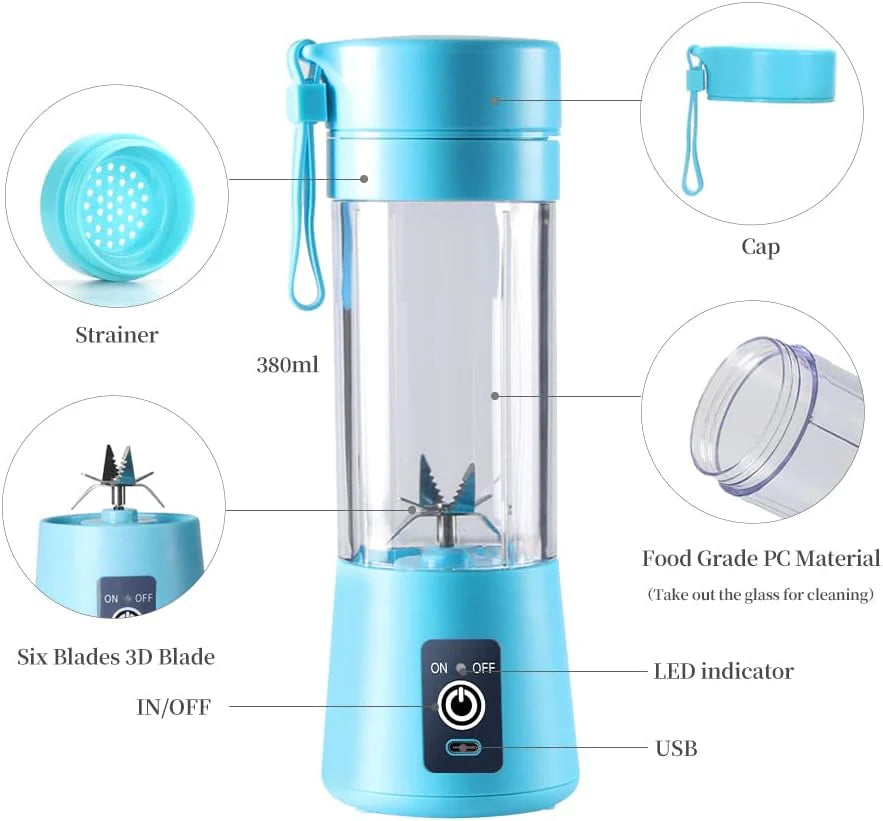 Rechargeable Portable Mini Juicer Blender – 6 Blades, 380ml Outdoor Juicing Cup [Random Color]